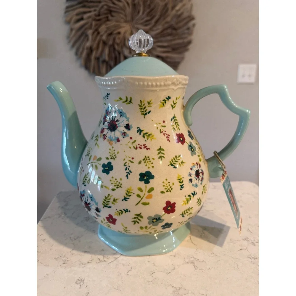 The Pioneer Woman Kari Floral 1.7 Quart Ceramic Teapot Turquoise Stoneware NWT
